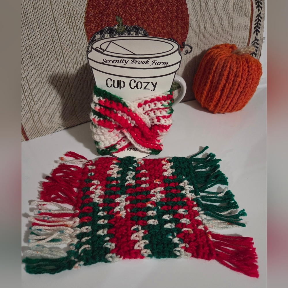Handmade Crocheted Christmas Mug Rug & Cup Cozy Set